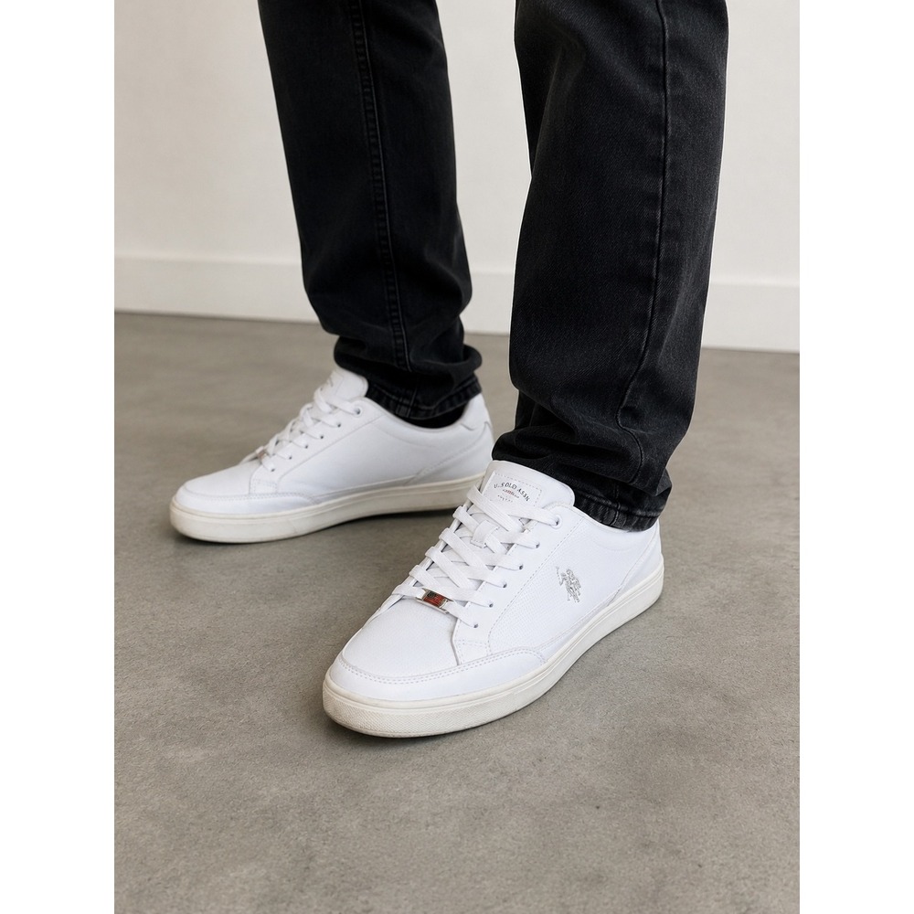 US Polo Assn Mens White Low Top Sneakers Perforated Lace Up Court Shoes